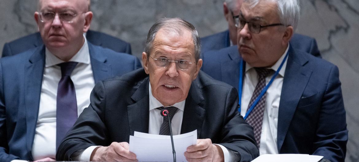 El ministro de Asuntos Exteriores de la Federación Rusa, Serguéi Lavrov, preside la reunión del Consejo de Seguridad sobre el mantenimiento de la paz y la seguridad internacionales.